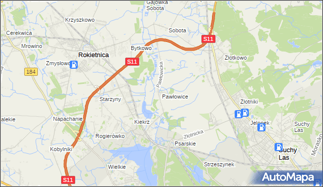 mapa Pawłowice gmina Rokietnica, Pawłowice gmina Rokietnica na mapie Targeo