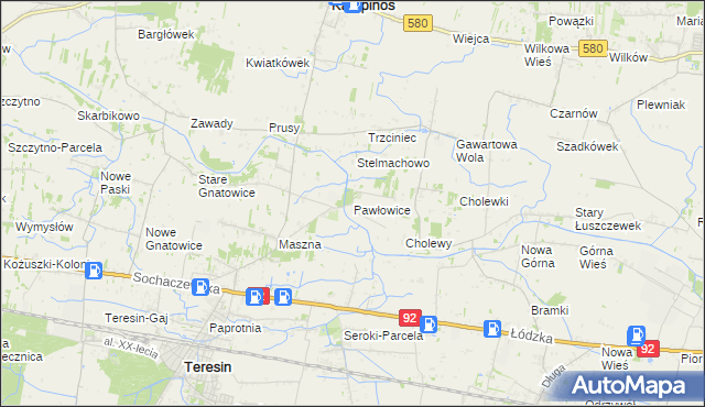 mapa Pawłowice gmina Teresin, Pawłowice gmina Teresin na mapie Targeo