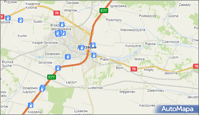 mapa Piaski gmina Jędrzejów, Piaski gmina Jędrzejów na mapie Targeo