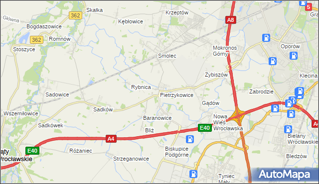 mapa Pietrzykowice gmina Kąty Wrocławskie, Pietrzykowice gmina Kąty Wrocławskie na mapie Targeo