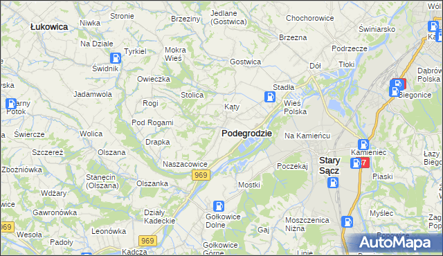 mapa Podegrodzie powiat nowosądecki, Podegrodzie powiat nowosądecki na mapie Targeo