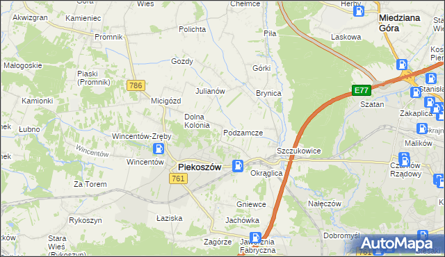 mapa Podzamcze gmina Piekoszów, Podzamcze gmina Piekoszów na mapie Targeo