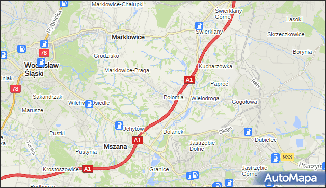 mapa Połomia gmina Mszana, Połomia gmina Mszana na mapie Targeo