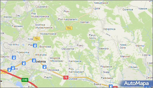 mapa Psary gmina Trzebinia, Psary gmina Trzebinia na mapie Targeo