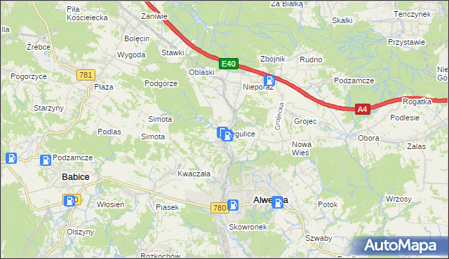 mapa Regulice gmina Alwernia, Regulice gmina Alwernia na mapie Targeo