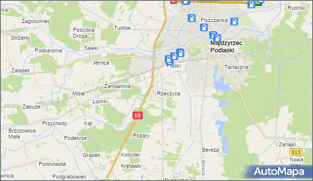 mapa Rzeczyca gmina Międzyrzec Podlaski, Rzeczyca gmina Międzyrzec Podlaski na mapie Targeo