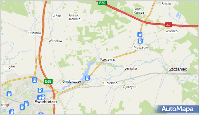 mapa Rzeczyca gmina Świebodzin, Rzeczyca gmina Świebodzin na mapie Targeo