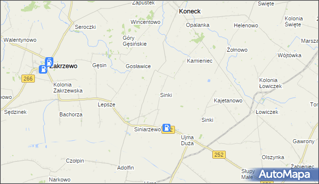 mapa Sinki gmina Zakrzewo, Sinki gmina Zakrzewo na mapie Targeo