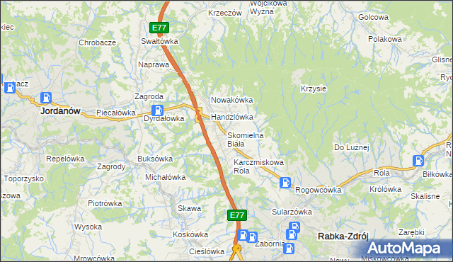 mapa Skomielna Biała, Skomielna Biała na mapie Targeo