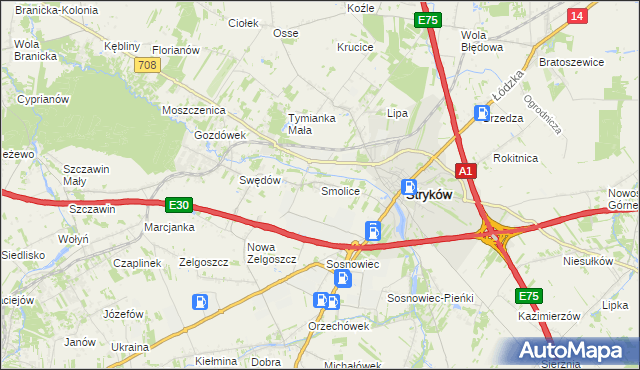 mapa Smolice gmina Stryków, Smolice gmina Stryków na mapie Targeo