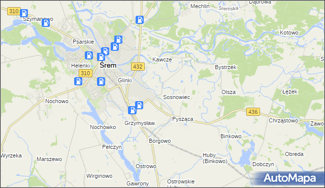 mapa Sosnowiec gmina Śrem, Sosnowiec gmina Śrem na mapie Targeo