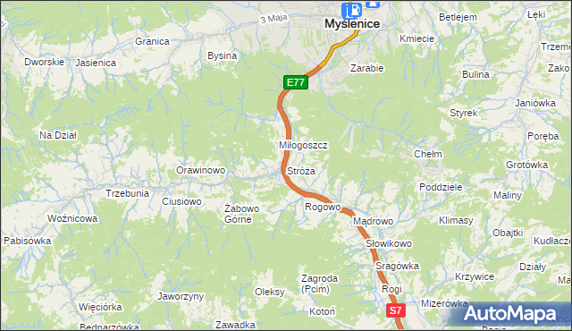 mapa Stróża gmina Pcim, Stróża gmina Pcim na mapie Targeo
