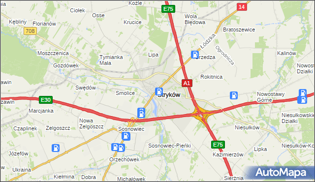 mapa Stryków powiat zgierski, Stryków powiat zgierski na mapie Targeo