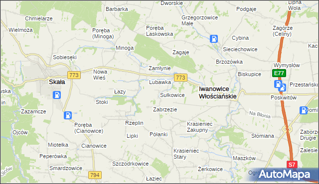 mapa Sułkowice gmina Iwanowice, Sułkowice gmina Iwanowice na mapie Targeo