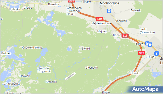 mapa Świnki gmina Modliborzyce, Świnki gmina Modliborzyce na mapie Targeo