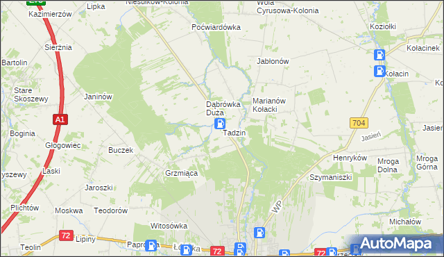 mapa Tadzin gmina Brzeziny, Tadzin gmina Brzeziny na mapie Targeo
