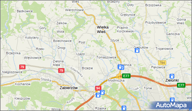 mapa Tomaszowice gmina Wielka Wieś, Tomaszowice gmina Wielka Wieś na mapie Targeo