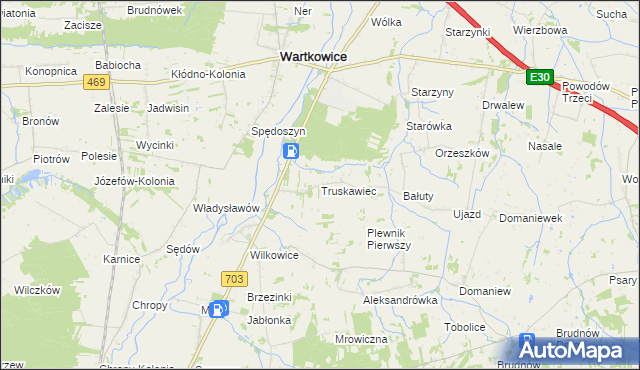 mapa Truskawiec gmina Wartkowice, Truskawiec gmina Wartkowice na mapie Targeo