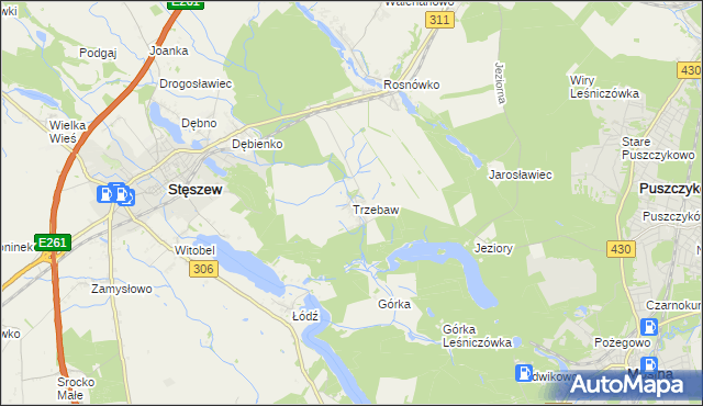 mapa Trzebaw gmina Stęszew, Trzebaw gmina Stęszew na mapie Targeo