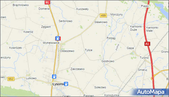 mapa Tylice gmina Łysomice, Tylice gmina Łysomice na mapie Targeo