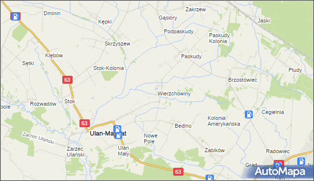 mapa Wierzchowiny gmina Ulan-Majorat, Wierzchowiny gmina Ulan-Majorat na mapie Targeo