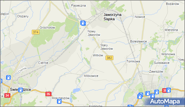 mapa Witków gmina Jaworzyna Śląska, Witków gmina Jaworzyna Śląska na mapie Targeo