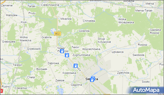 mapa Wojciechówka gmina Siennica, Wojciechówka gmina Siennica na mapie Targeo