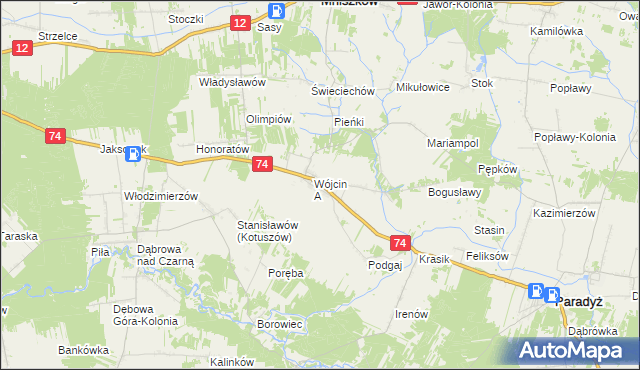 mapa Wójcin gmina Paradyż, Wójcin gmina Paradyż na mapie Targeo