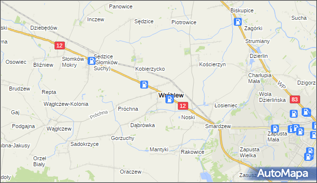 mapa Wróblew powiat sieradzki, Wróblew powiat sieradzki na mapie Targeo