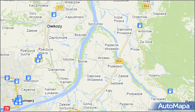 mapa Wrzawy gmina Gorzyce, Wrzawy gmina Gorzyce na mapie Targeo