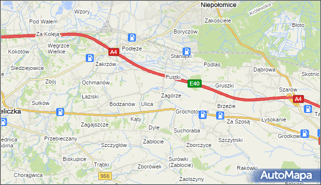 mapa Zagórze gmina Niepołomice, Zagórze gmina Niepołomice na mapie Targeo