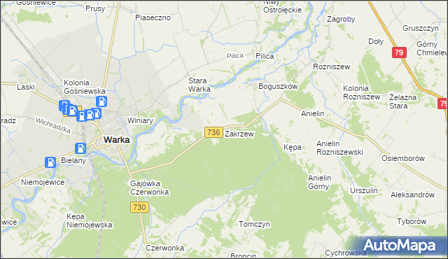 mapa Zakrzew gmina Grabów nad Pilicą, Zakrzew gmina Grabów nad Pilicą na mapie Targeo