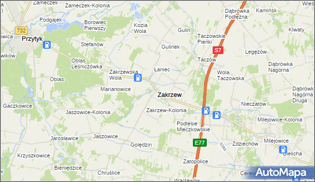 mapa Zakrzew powiat radomski, Zakrzew powiat radomski na mapie Targeo