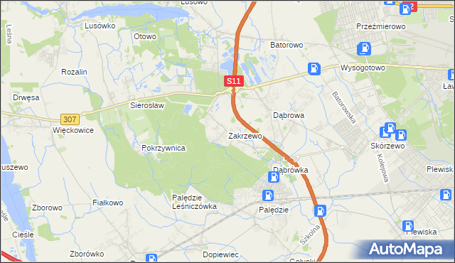mapa Zakrzewo gmina Dopiewo, Zakrzewo gmina Dopiewo na mapie Targeo