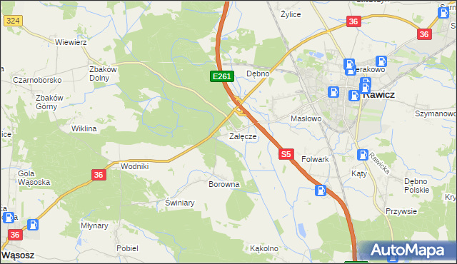 mapa Załęcze gmina Rawicz, Załęcze gmina Rawicz na mapie Targeo