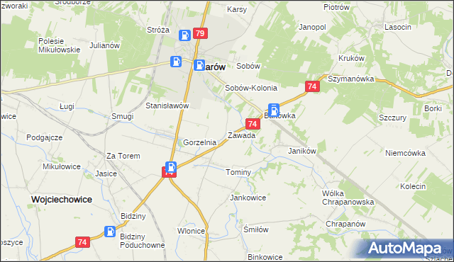 mapa Zawada gmina Ożarów, Zawada gmina Ożarów na mapie Targeo