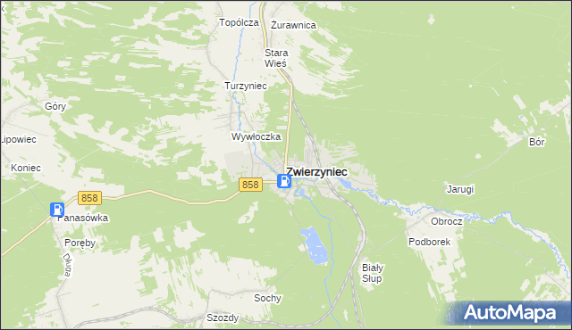 mapa Zwierzyniec powiat zamojski, Zwierzyniec powiat zamojski na mapie Targeo