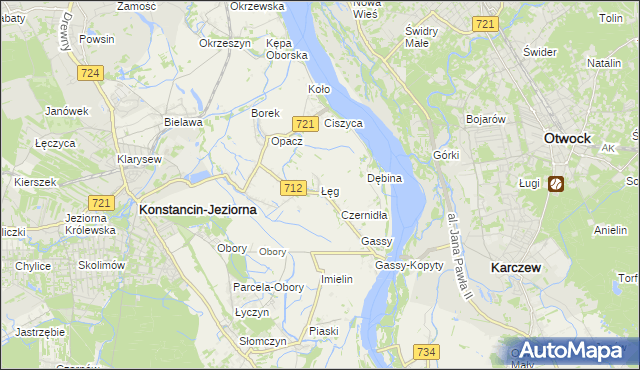 mapa Łęg gmina Konstancin-Jeziorna, Łęg gmina Konstancin-Jeziorna na mapie Targeo