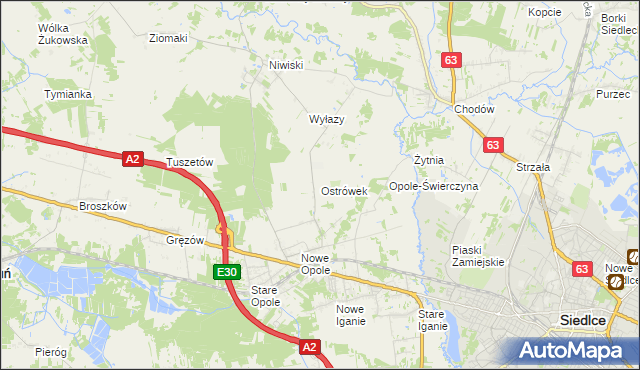 mapa Ostrówek gmina Siedlce, Ostrówek gmina Siedlce na mapie Targeo