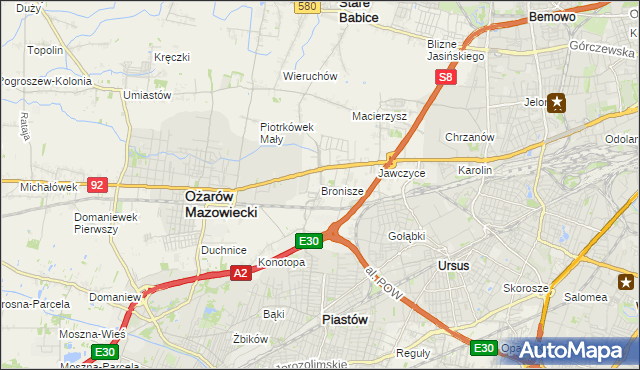 mapa Bronisze gmina Ożarów Mazowiecki, Bronisze gmina Ożarów Mazowiecki na mapie Targeo