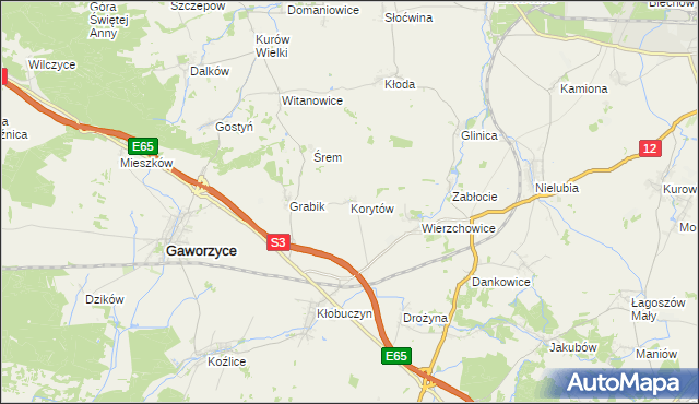 mapa Korytów gmina Gaworzyce, Korytów gmina Gaworzyce na mapie Targeo