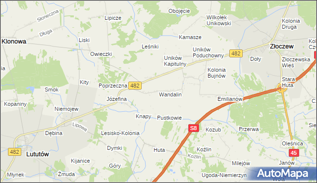 mapa Wandalin gmina Złoczew, Wandalin gmina Złoczew na mapie Targeo