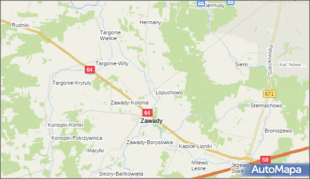 mapa Łopuchowo gmina Tykocin, Łopuchowo gmina Tykocin na mapie Targeo