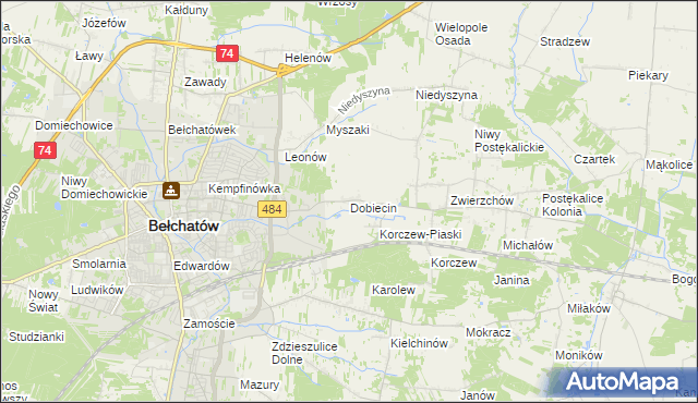 mapa Dobiecin gmina Bełchatów, Dobiecin gmina Bełchatów na mapie Targeo