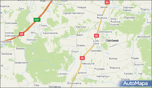 mapa Okalew gmina Ostrówek, Okalew gmina Ostrówek na mapie Targeo