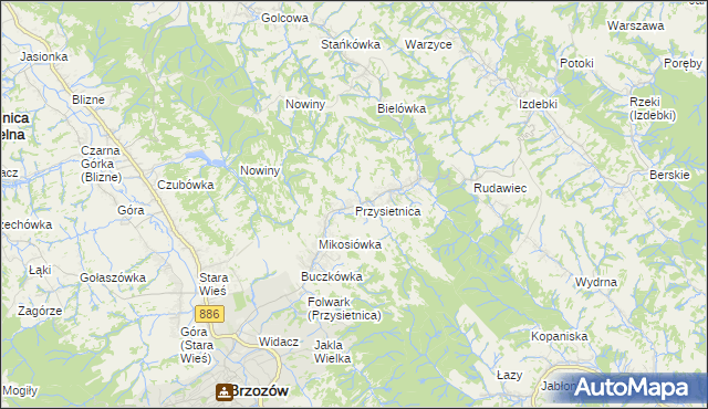 mapa Przysietnica gmina Brzozów, Przysietnica gmina Brzozów na mapie Targeo