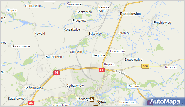 mapa Regulice gmina Nysa, Regulice gmina Nysa na mapie Targeo