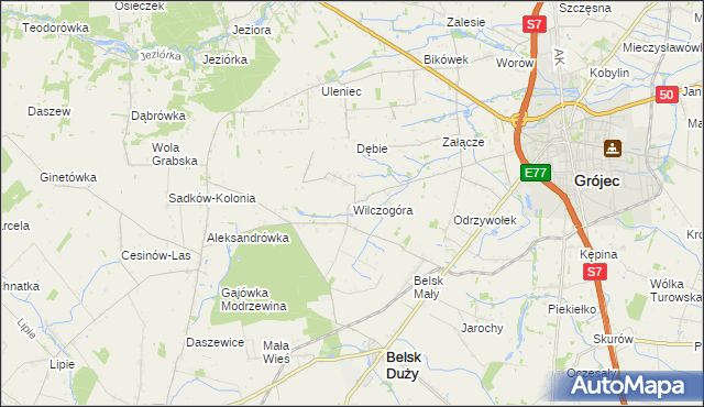 mapa Wilczogóra gmina Belsk Duży, Wilczogóra gmina Belsk Duży na mapie Targeo
