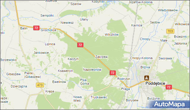 mapa Zakrzew gmina Poddębice, Zakrzew gmina Poddębice na mapie Targeo