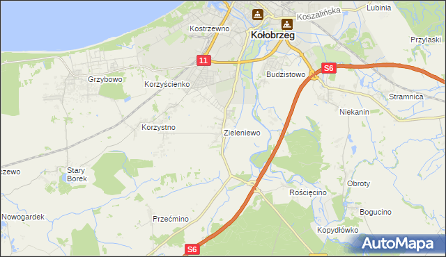 mapa Zieleniewo gmina Kołobrzeg, Zieleniewo gmina Kołobrzeg na mapie Targeo